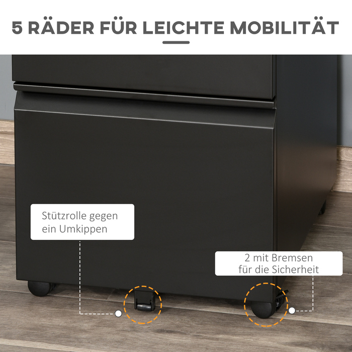 Vinsetto Rolling File Cabinet with 3 Drawers and Wheels, Concave Handle, Steel, Black for Office & Home Office