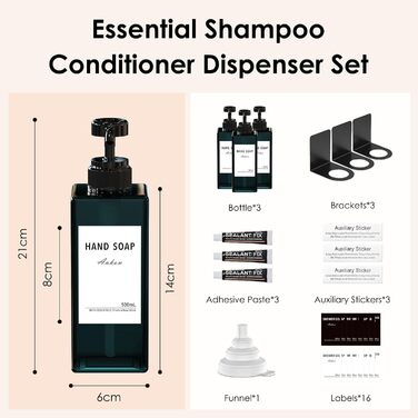 Дозатор мила Anhow 3er PETG для стін, набір з 3 шт. Без свердління, пластиковий диспенсер для кухні/ванної кімнати, 500 мл, блакитний