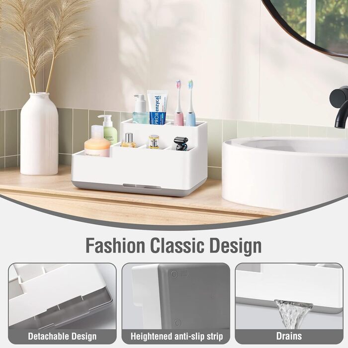 Тримач для зубних щіток, органайзер для ванної кімнати з 6 відділеннями, з піддоном для води, для електричних та звичайних зубних щіток, бежевий