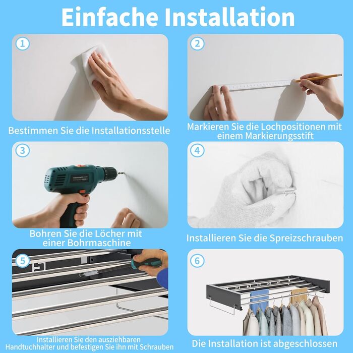 Настінний сушильник для білизни з 80 см штангами, 5 ліній сушіння, розкладний, для дому та вулиці, чорний, 80 см