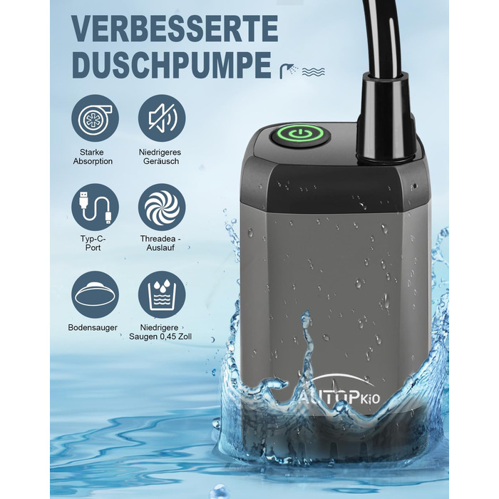 AUTOPkio Camping Shower with Pump, Upgraded Camping Shower 6000mAh Rechargeable Pump, Smart Digital Display for Camp, Outdoor, Pet, Emergency