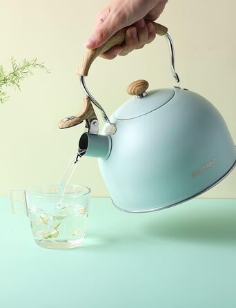 Чайник BELANKO з свистком, 2.5 л, нержавіюча сталь, з дерев'ястим декором, складна ручка, для чаю, кави, молока – блакитний