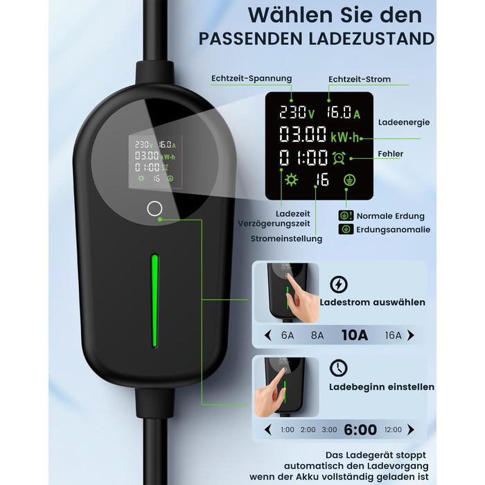 Кабель для зарядки електромобіля EzGoGo Type 2 Schuko 3.7 кВт 8м, LCD-дисплей, IP65, для EV/PHEV (IEC 62196-2)