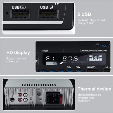 Автомобільна магнітола Lifelf 1 DIN RDS Bluetooth, 4x65Вт, MP3/USB/FM, підтримка iOS/Android, без CD, чорна/срібляста
