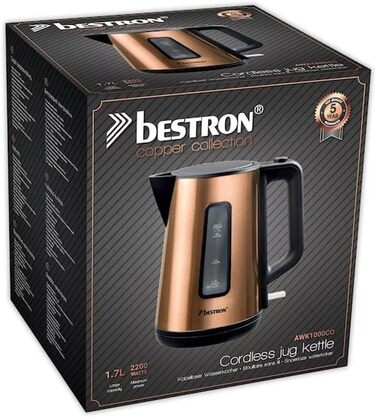 Bestron 1.7L Electric Kettle with 360° Base, Auto Shut-Off & Boil-Dry Protection - Black/Wood (Copper) Finish
