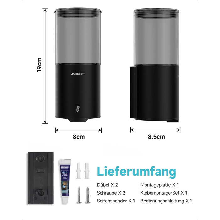 Автоматичний дозатор мила AIKE для рідкої мила, настінний, для кухні та ванної кімнати, IPX7, водонепроникний, 400 мл, з нержавіючої сталі, чорний матовий