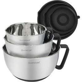 Rorence Stainless Steel Mixing Bowls with Pour Spout, Handle, and Lid, Set of 3, Black