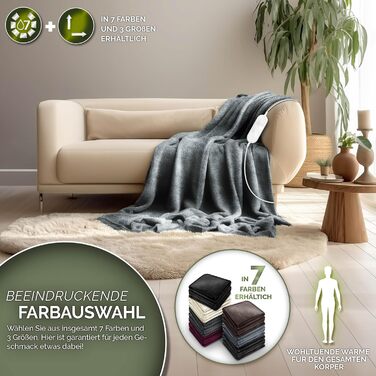 Електрична гріюча ковдра Sinnlein® з плюшу 200 x 180 см | 9 температурних режимів, таймер, автовимкнення, миється до 40°C, світло-сіра | Ковдра для сну та відпочинку
