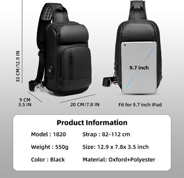 Чоловіча нагрудна сумка GYakeog Crossbody Bag: водонепроникна, з USB-зарядкою, для роботи, подорожей, велоспорту та піших прогулянок - чорна