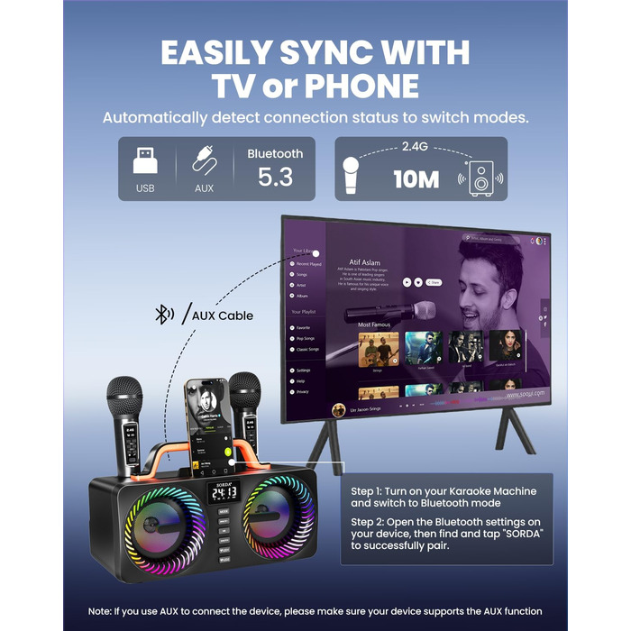 Караоке-машина для дорослих та дітей, портативна Bluetooth-система 80W – 2 бездротові мікрофони, регулювання ехо, USB/AUX-роз'єми, ідеальний подарунок для вечірок на природі
