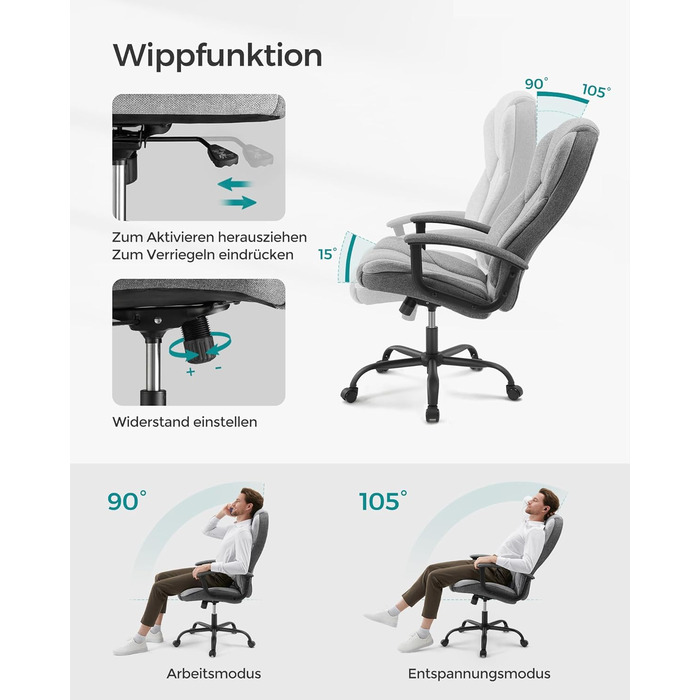 Крісло офісне SONGMICS, крісло для шефа, комп'ютерне крісло, регулювання висоти сидіння, чорне (сіро-чорний)