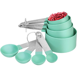 Набір мірних ложок та мірний стакан з нержавіючої сталі, 8 шт. - для рідин та твердих інгредієнтів, випічки, кулінарії (блакитно-зелений)