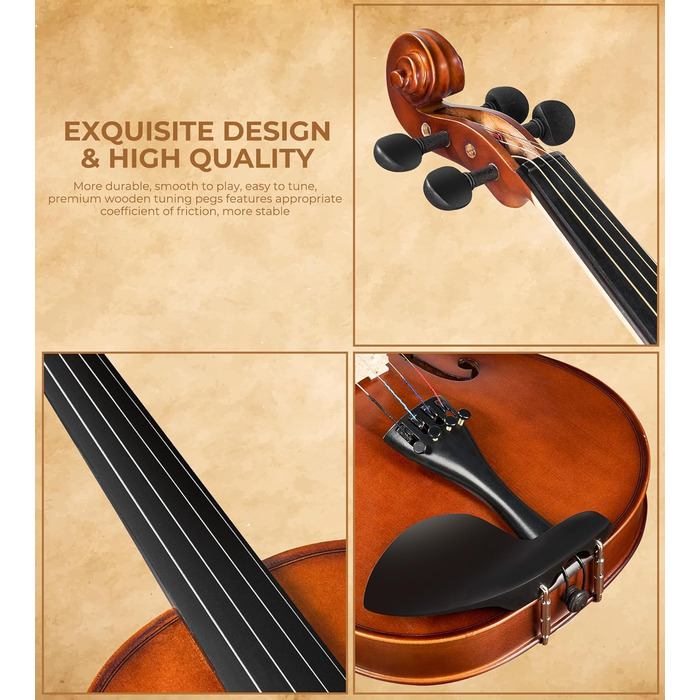 Скрипка Vangoa 4/4 з масиву дерева, набір для початківців, акустична, з кейсом, підставкою, смолою, струнами, інструкцією, демпфером, наклейками для нот, для дорослих, дітей та підлітків