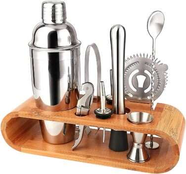 Набір бармена Wa-Very з бамбуковим підставкою (10 предметів), шейкер для Мартіні та аксесуари, з нержавіючої сталі