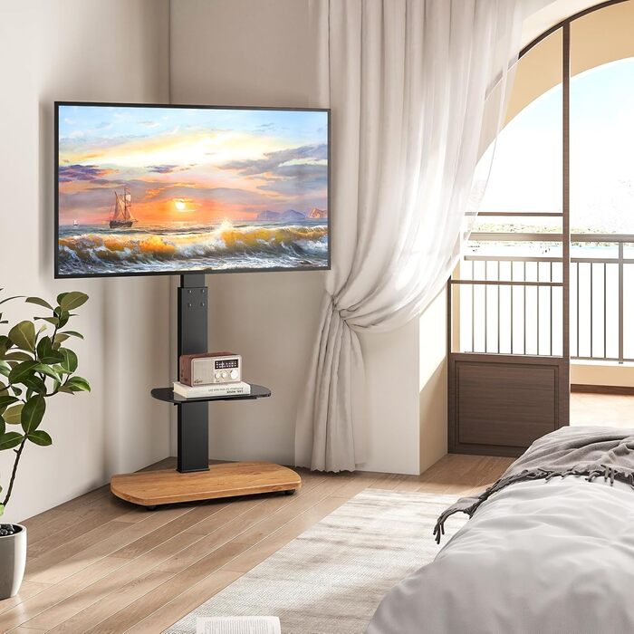 Підставка для телевізора Ttap 32-65 дюймів з дубом та скляною полицею, поворотна та регульована по висоті