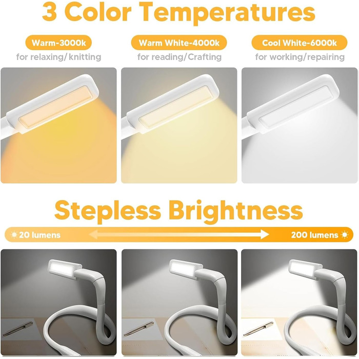 LED лампа на шию для читання Buch - 3 кольори, для в'язання, рукоділля, подарунок чоловікові. Біла