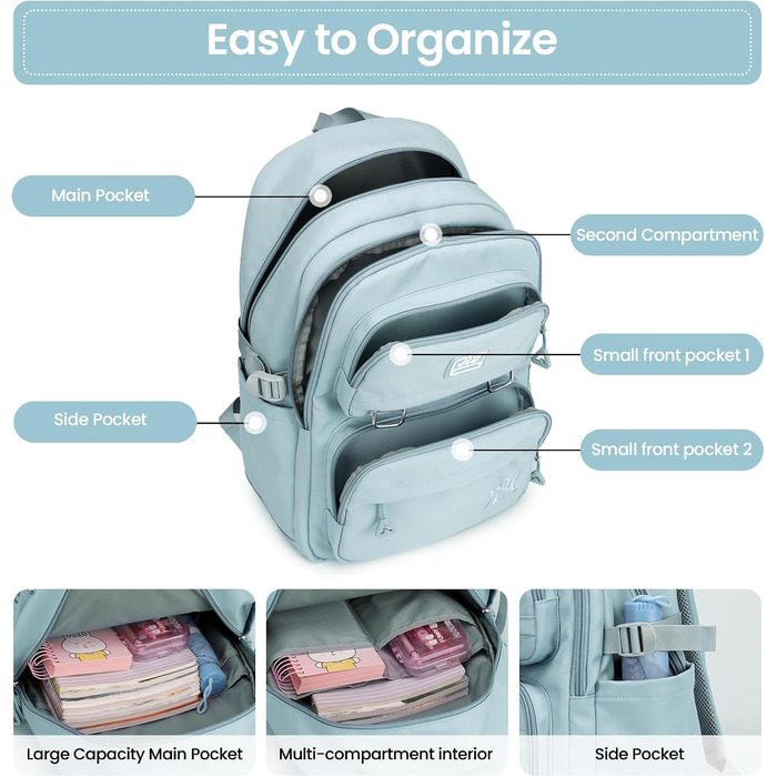 Шкільний рюкзак для дівчаток-підлітків: стильний та водонепроникний, 3-9 клас, для школи та подорожей, блакитний (8529)
