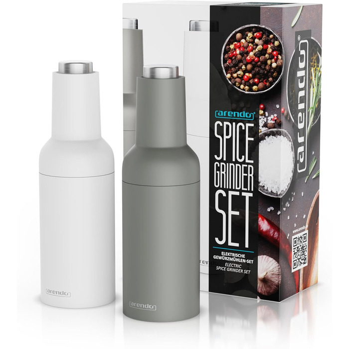 Arendo - Electric Salt and Pepper Grinder Set - 2 Piece - One-Handed Operation - Grinds Automatically When Tipped - Salt and Pepper Dispenser - Spice Grinder with Ceramic Grinding Mechanism - Grind Settings Infinitely Adjustable