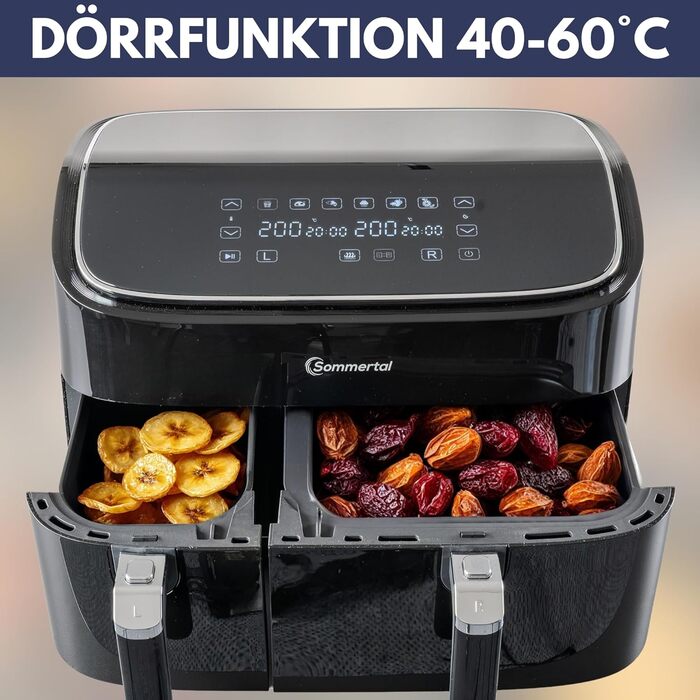 Фритюрниця повітряна Sommertal HF760-7,6L XXL з сенсорним екраном, 8 програм, 2000 Вт - енергоефективна та здорова, велика фритюрниця Air Fryer (9.0L Dual)