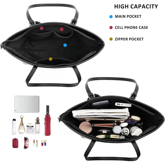 Сумка жіноча TANTOMI з гаманцем: для офісу, школи, покупок, велика, чорна, з пензликом та помпоном з штучного хутра