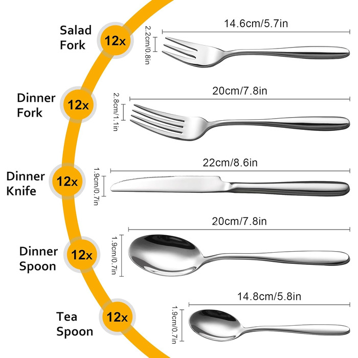 Velaze Cutlery Set 12 People, 60-Piece Stainless Steel Cutlery Set, Cutlery Set with 12 * Dinner Knives/Forks/Cake Forks/Spoons/Coffee Spoons, Polished Cutlery Dishwasher Safe