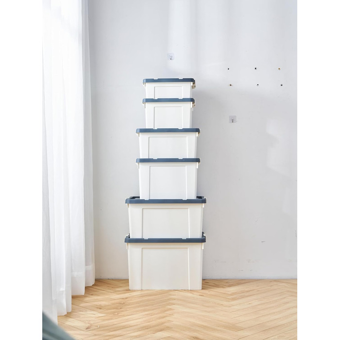 Cetomo Plastic Storage Box - Box with Durable Lid and Safety Closure, Stackable and Nestable, 3-Pack, White (65L * 6)