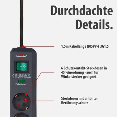 Многорозеткова мережева панель Brennenstuhl 6-фазна з захистом від перенапруги та 1,5м кабелем (Eco-Line з вимикачем та підвищеним захистом від дотику), антрацит