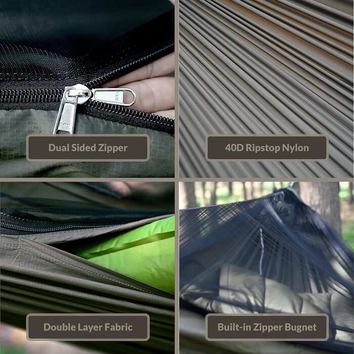 Onewind Premium 11' Camping Zippered Hammock, Single Portable Hammock with Mosquito Net and Tree Straps for Travel, Camping, Backpacking, and Hiking… (From Green Double Layer, 335cm*162cm)