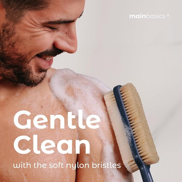 Скребок для спини MainBasics для душу – довга ручка, двостороння щітка для миття тіла та скрабування з пілінгом та м'якими щетинками (Ультрамарин, пластик)