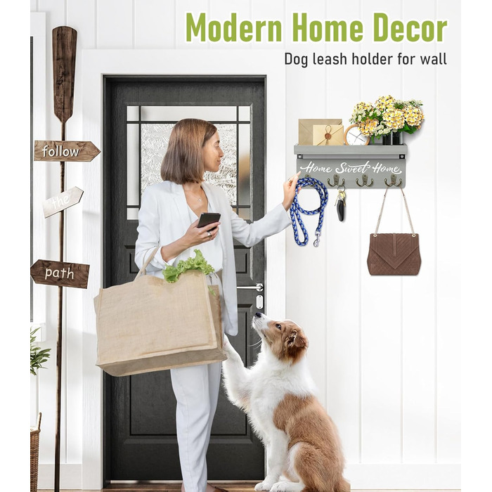 Key board with shelf, wooden key holder with 4 hooks, wall-mounted key rack for entryway, hallway, bedroom, living room, White (Green)