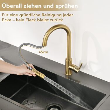 Змішувач кухонний з висувною лійкою та душовою насадкою, поворотний на 360°, 2 режими, нержавіюча сталь (золотий)