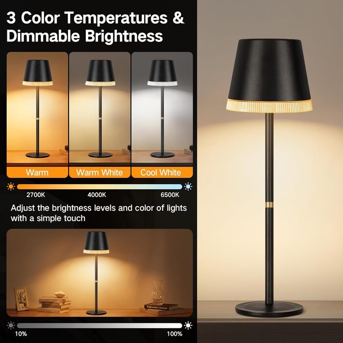 Настільна лампа LED акумуляторна бездротова OUTON з RGB підсвіткою, димуванням та сенсорним керуванням, чорна (2 шт)