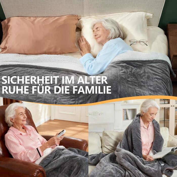 Електрична ковдра JUMMICO Kuschel-Heizdecke 180x130 см, тепла та м'яка - 6 режимів нагріву, таймер 12 годин, пральна, для дивану, ліжка, офісу (сіра)