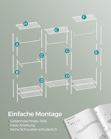 SONGMICS Clothes Rack, Open Wardrobe, Metal Coat Rack, Coat Stand with Adjustable Shelves and Clothes Rails, Hooks, High Load Capacity, Detachable, Cloud White LGR431W01