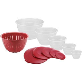 Westmark Bowl Set, 5 bowls including lids and strainer, 11-piece set, capacity: 0.6/1.3/2.5/4.4/6.5 liters, plastic, BPA-free, Olympia, color: Transparent/Red, 242022E6