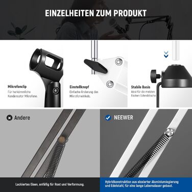 Тримач для мікрофону Neewer NW-35, підвіс Boom Schere, штатив з гвинтовою різьбою 3/8' - 5/8', сумісний з Blue Yeti, Quadcast та іншими мікрофонами, максимальне навантаження 1.5 кг