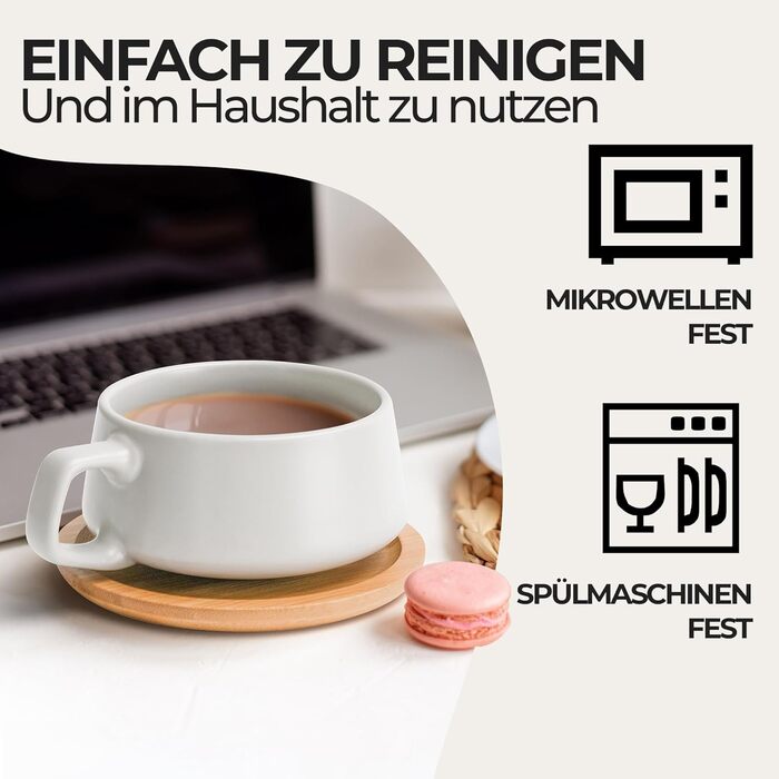 MIAMI - Set of 4 x 320 ml Coffee Cups/Cappuccino Cups with Saucers/Elegant/Modern/Coffee Cups made of Stoneware - Luxe Collection 4-Piece Set (White)
