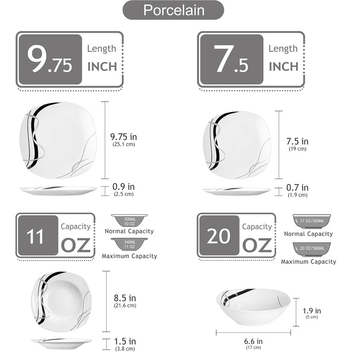 Набір посуду VEWEET FIONA 24 шт. для 6 осіб: 6 тарілок, 6 десертних тарілок, 6 супових тарілок, 6 мисок