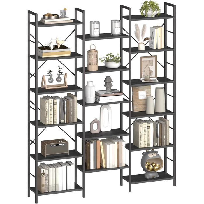 Книжкова шафа Hzuaneri з 17 полицями, 6 ярусів, регульовані полиці, 24x152x186 см, навантаження 340 кг, чорна з деревною текстурою, для вітальні та офісу