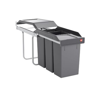 Відро для сміття Hailo Tandem 3650103 | Вбудований контейнер для сміття 2 секції | 50 мішків у комплекті | для шаф шириною від 300 мм | Зручний висувний механізм на роликах | Сріблястий та антрацитовий пластик