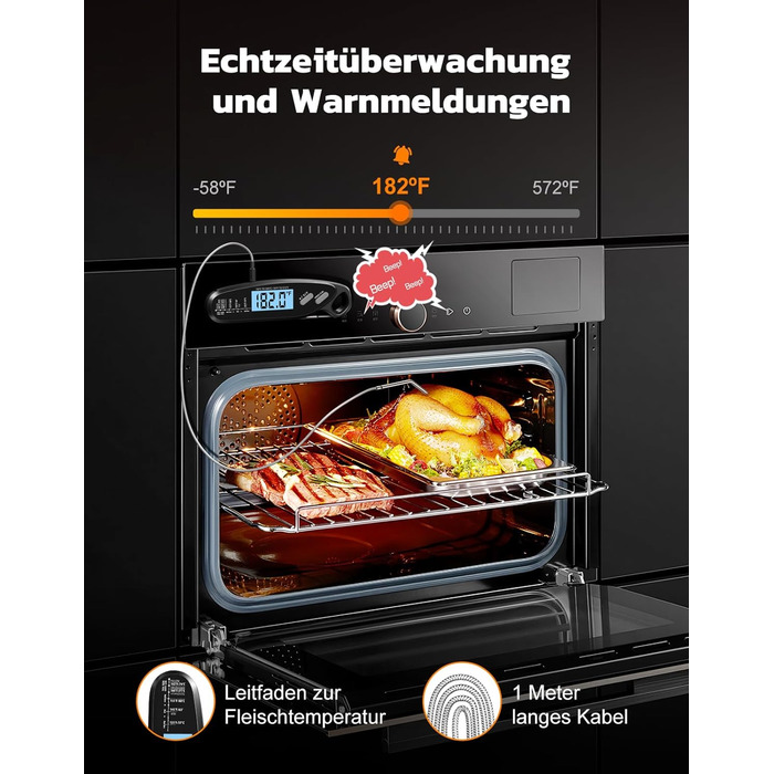 Термометр для м'яса Babacom з миттєвою індикацією та двома зондами, термометр для запікання з налаштуванням тривоги та калібруванням, термометр для гриля для кухні, духовки, цукру, рідин, BBQ, чорний