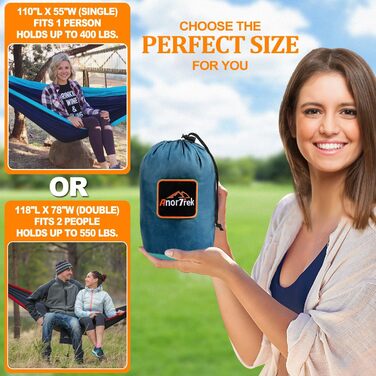 Намет-гамак для 2 осіб, 300x200 см, до 249 кг, ультралегкий, з ременями для дерев, дихаючий, для кемпінгу, подорожей, туризму, саду (синій/темно-синій/оранжевий)