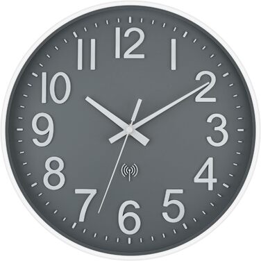 Foxtop Wall Clock Radio-Controlled Wall Clock 30 cm Silent & No Noise Large Dial Analog No Ticking For Kitchen, Living Room, Bathroom DCF Radio Signal Modern Design White-Gray