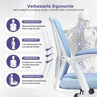 Ергономічне крісло для офісу з регульованою поперековою підтримкою, відкидними підлокітниками, поворотним механізмом та регулюванням висоти, блакитне
