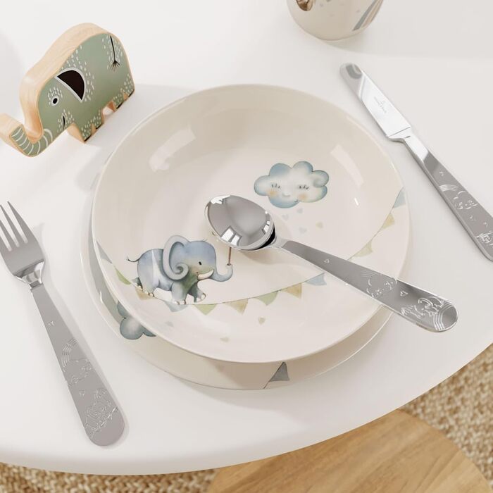 Дитячий набір столових приборів Villeroy & Boch Boho Kids 'Walk like an elephant' (4 шт.) з нержавіючої сталі, для дітей, сріблястий/платиновий, придатний для миття в посудомийній машині