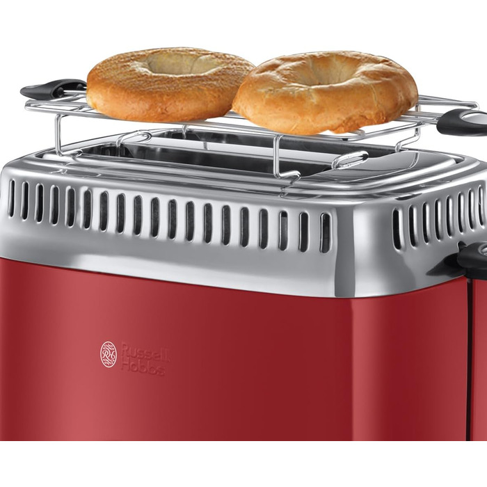 Russell Hobbs Toaster [for 2 slices] Retro Stainless Steel Red (Retro-style countdown display, includes bread roll attachment, 6 browning levels + defrost & reheat function, 1300W) Vintage 21680-56