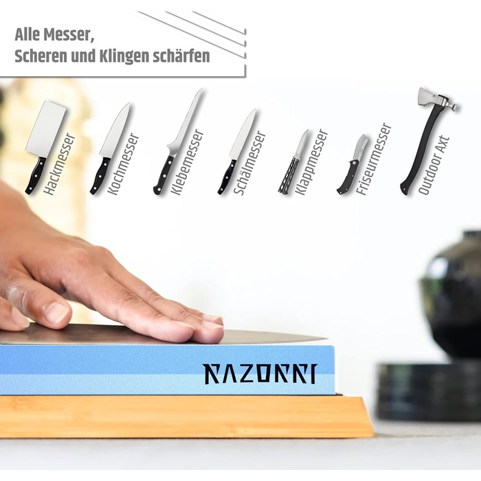 Набір алмазних точильних каменів Razorri (400/1000, 3000/8000 grit) з правильним каменем, кутовою наставкою, бамбуковою основою та шкіряним ременем для заточування та полірування металевих лез. Преміум-набір