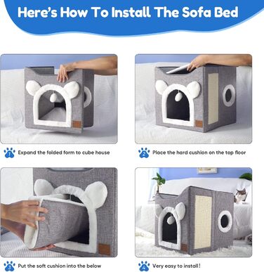 Foldable Cat House, 2-Tier Cat Cave Cube Large Space Cat Bed with Scratching Board and Play Ball for Small to Medium Pets Indoor Retreat 40 * 40 * 35cm Grey