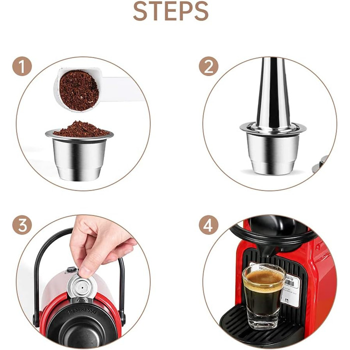 Капсули Cafilas для Nespresso багаторазові, нержавіюча сталь, набір 2 шт. з темпером, ложкою та щіткою