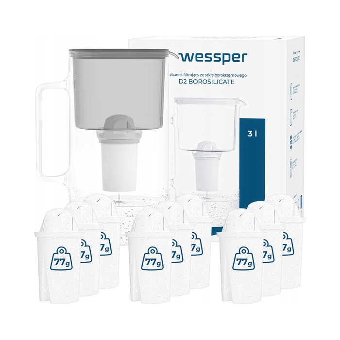 Скляний фільтр-глечик Wessper D2 BOROSILICATE 3л, сірий + 10 фільтрів